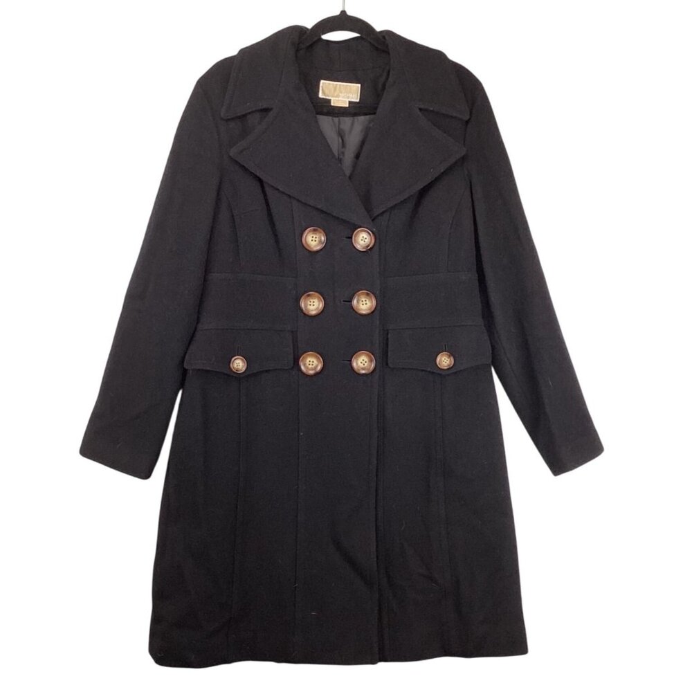 Michael Kors Womens Coat Size 14 Black Wool Blend Peacoat Double-Breasted Button